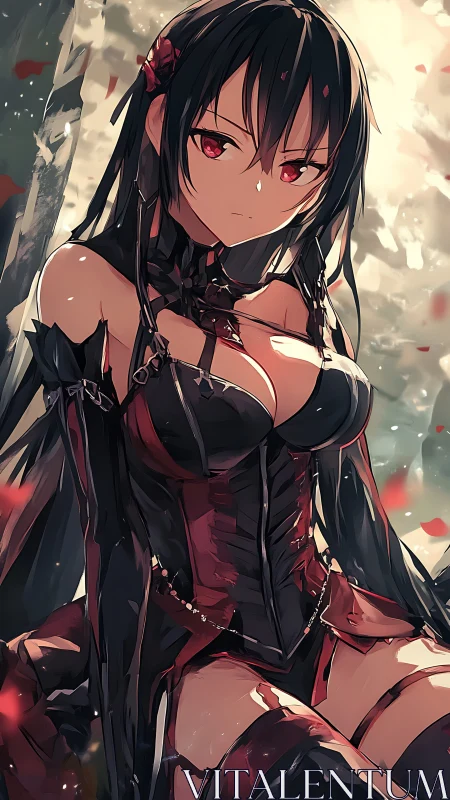 Dark anime girl in black corset dress with red eyes.