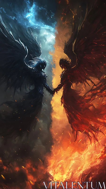 Elemental winged warriors clash over fire and storm sky.