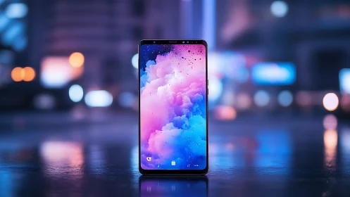 Gradient display phone against blurred cityscape backdrop.