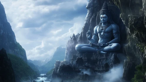 Colossal Shiva sculpture dominates mist-laden Himalayan gorge