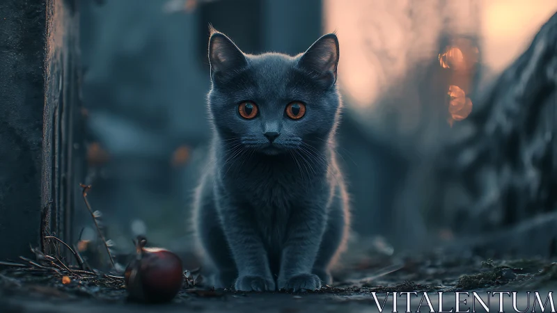 Black Feline Portrait with Amber Eyes in Urban Twilight Setting.