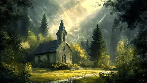 Sunlit alpine chapel in dense conifer forest with misty peaks