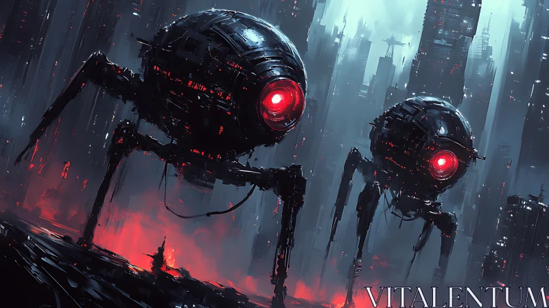 Giant red eyed war drones stalking a ruined dark city.