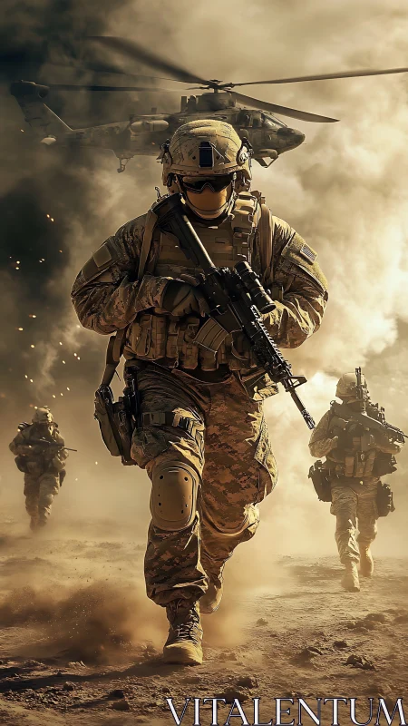 Soldiers advance under combat helicopter through desert smoke