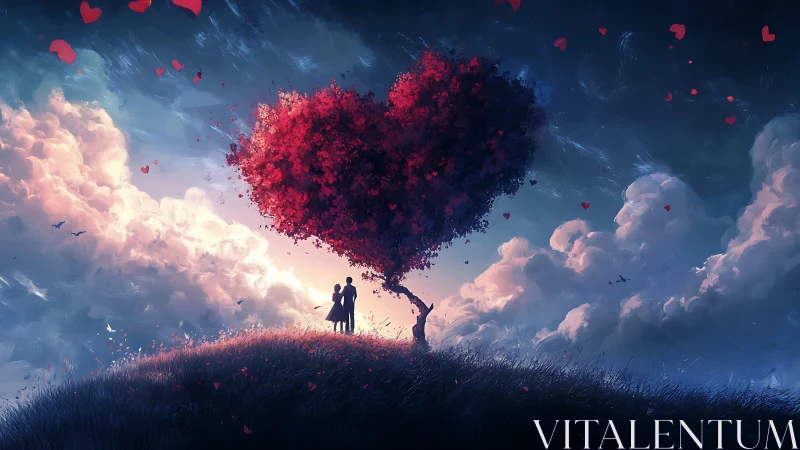 Silhouetted Couple Beneath Particle Heart Cloud Formation