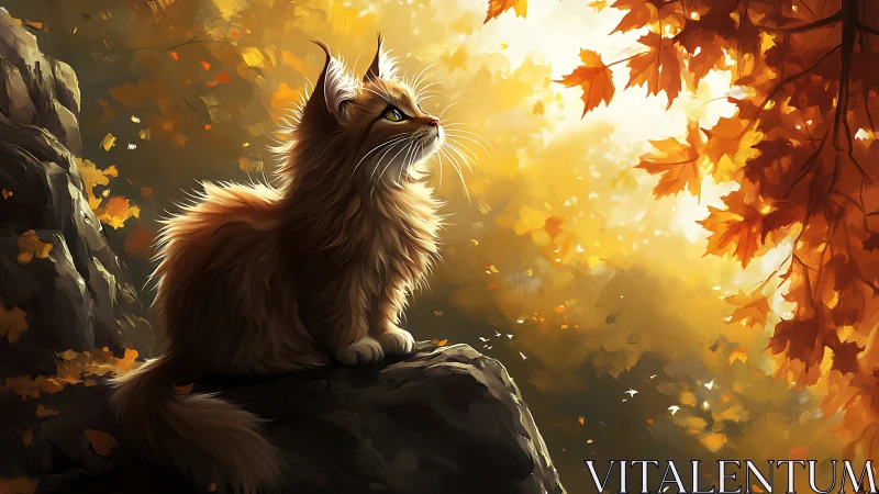 Long-haired cat perched on dark rock in autumn golden light.
