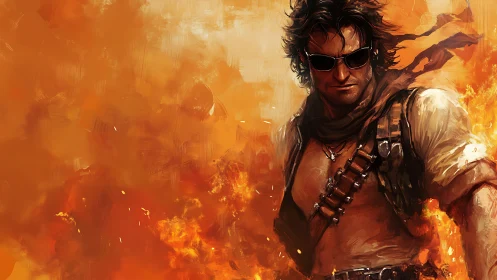 Rugged action hero in flames with stylized orange backdrop.