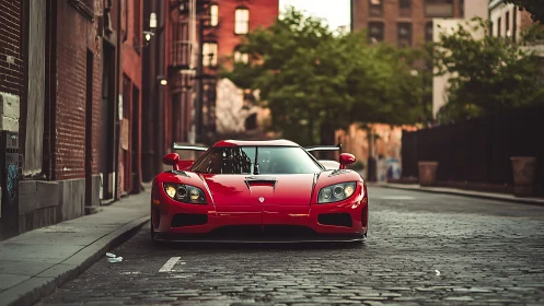 Red sports car parked on quiet cobblestone city street.