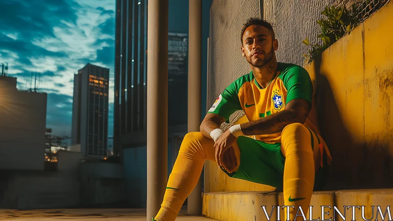 Brazil football player resting in city rooftop sunset.