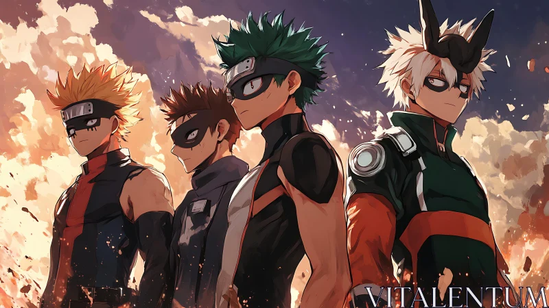 Dynamic quartet of masked heroes in dramatic anime lineup.