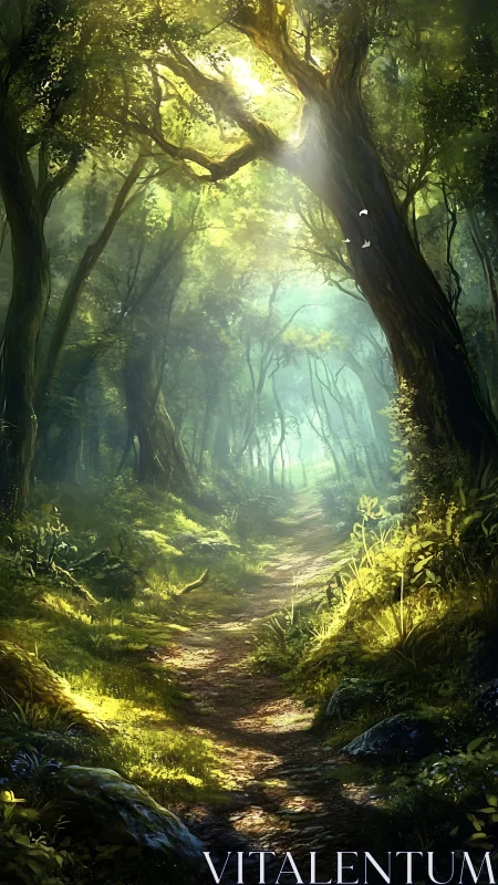 Luminous Forest Path Through Ancient Trees.