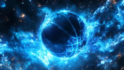 Glowing cosmic basketball rendered in high-energy digital nebula