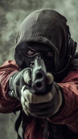 Tactical masked shooter aiming shotgun in shallow depth of field.