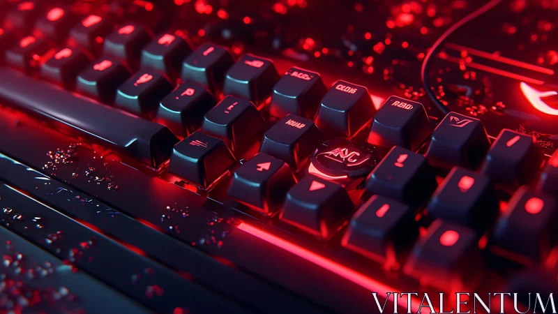 Mechanical gaming keyboard glows under intense red light.