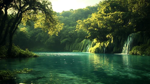 Forest lake with waterfalls under diffuse evening light.