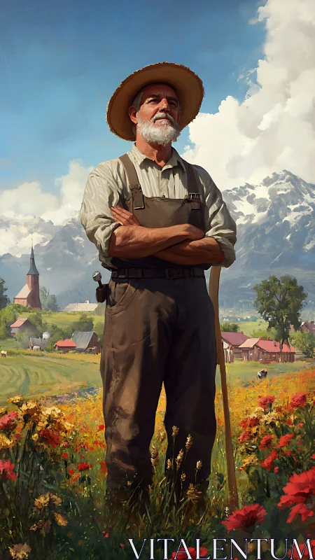 Elderly farmer standing in alpine meadow with village view.