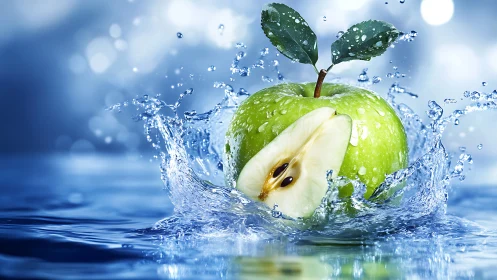 Crisp green apple dives into sparkling blue water splash