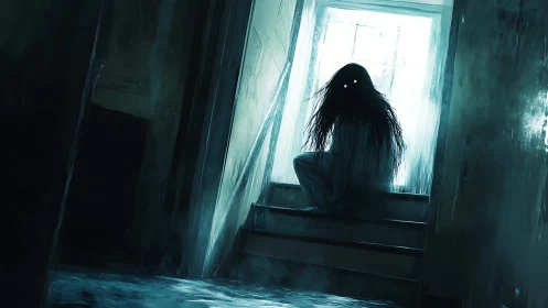 Stairway lurker with hollow eyes in washed out blue gloom.