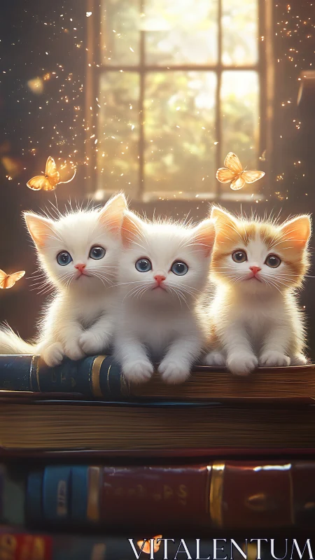 Luminescent Feline Trio: Ethereal Kittens Amid Soft Golden Light and Delicate Butterflies.