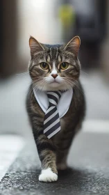 Tabby cat wearing striped neck tie walks forward on pavement.