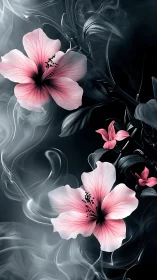 Pink hibiscus blooms glow against swirling monochrome smoke