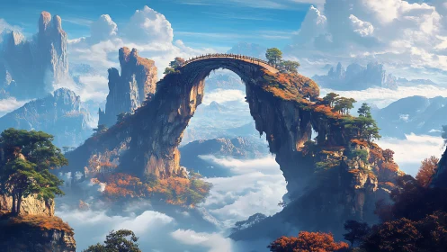 Sky-bridge of crimson cliffs above a dreaming cloud sea.