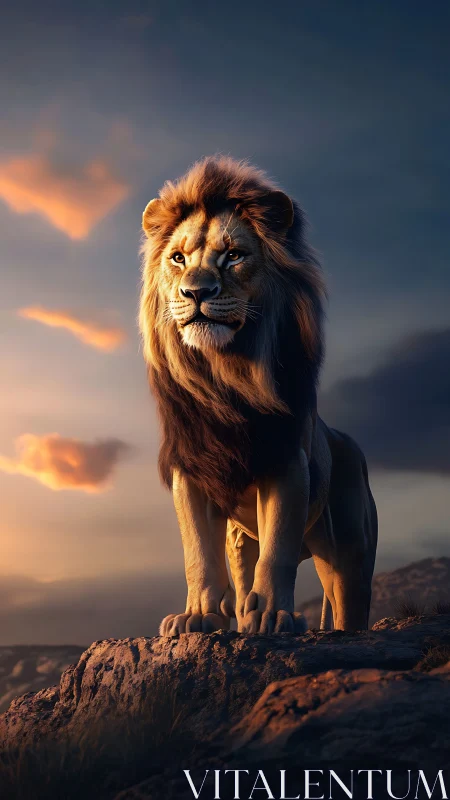 Sunset-illuminated lion on basalt outcrop, volumetric dusk lighting.