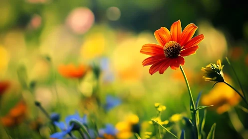 Vibrant Red Daisy Blooms in Blurred Garden.