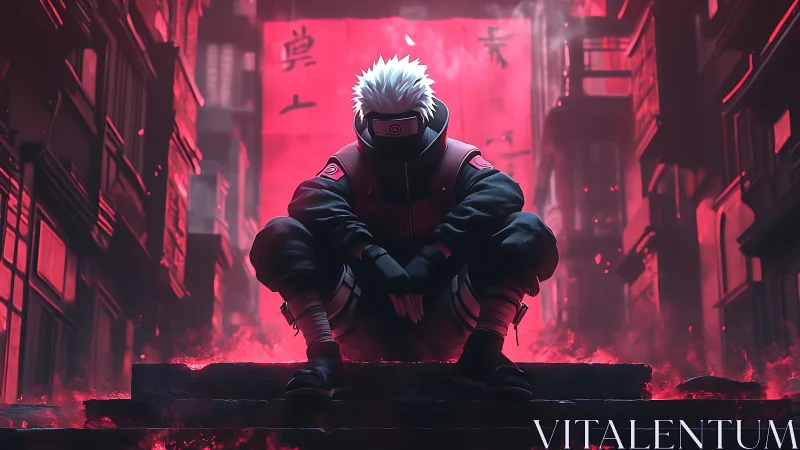 Neon ninja pause on smoky city steps at crimson dusk.