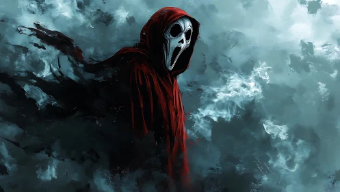 Hooded specter dissolves into painterly storm clouds and smoke