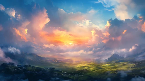 Radiant sunset opens over luminous valley under vast clouds