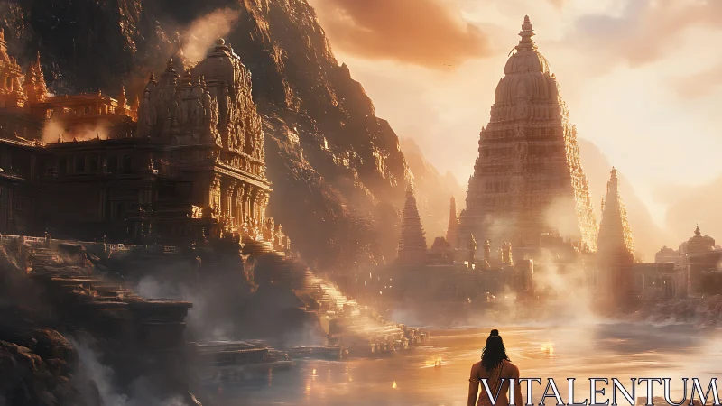 Golden temple city emerges from mist in cinematic sunrise light