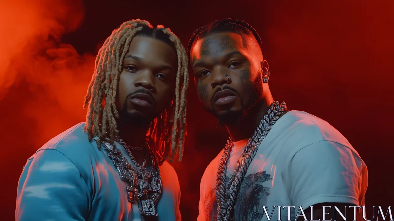 Dual portrait in red haze with dramatic gemstone chains.