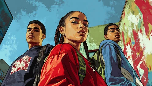 Three Young People Posing Together Against Colorful Urban Wall.