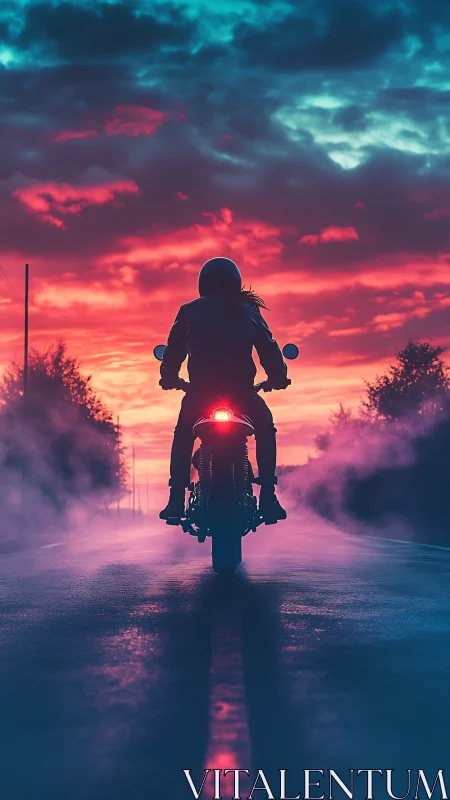 Sunset road rider cruising through neon misty twilight.