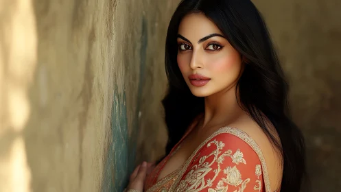 Woman in embroidered sari poses against textured wall