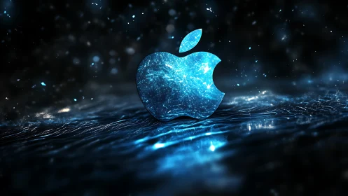 Blue luminous apple logo glows over wet reflective surface