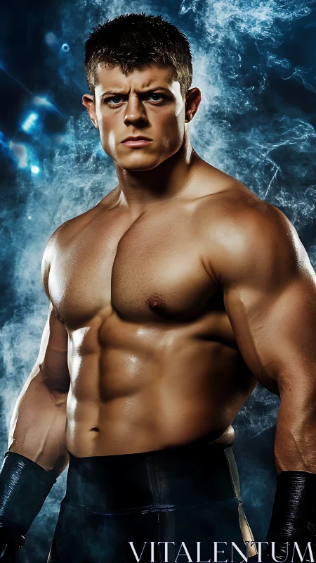 High-contrast portrait of muscular male fighter under dramatic rim light