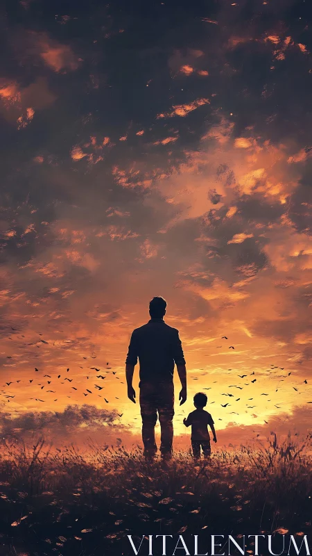 Silhouetted father and child in field at vivid sunset sky.