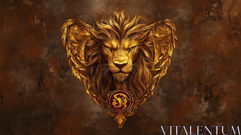 Golden lion crest rendered as sculpted metallic emblem on rust