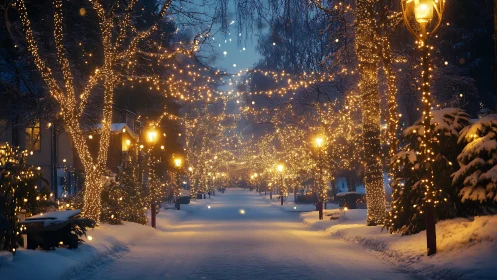 Snowy winter street glows softly under golden festive lights