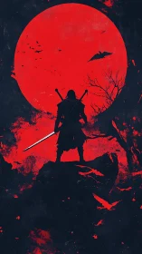 Silhouetted swordsman against overscaled crimson lunar disk.