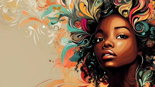 Digital painting portrait with abstract botanical flourishes.