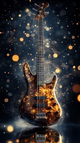Luminous electric bass guitar with golden particle glow.