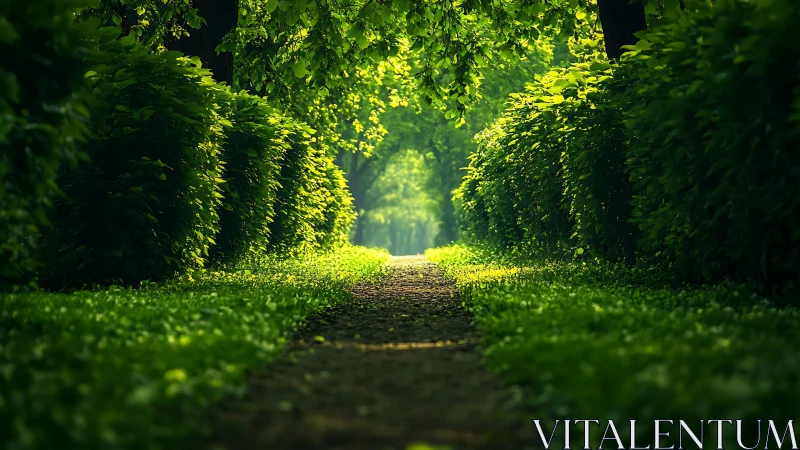 Lush green tree tunnel with sunlit path, peaceful natural scenery.