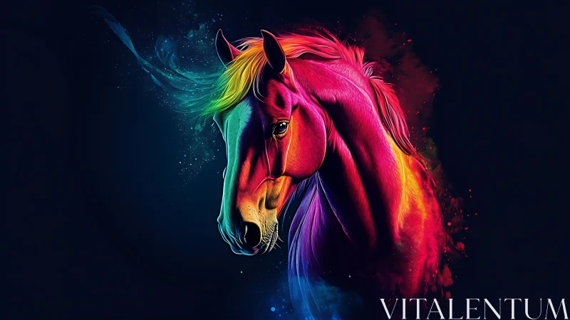 Neon stallion drifts through cosmic pigment and quiet night