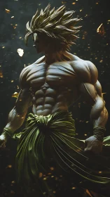 Mythic warrior stands in drifting embers, muscles hyperdefined