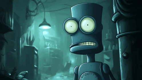 Wide-eyed cartoon robot freezes in eerie teal workshop