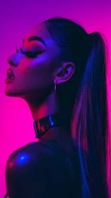 Neon side-profile portrait under magenta cyan dual lighting.