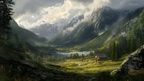 Peaceful mountain valley home beside a quiet reflective lake.